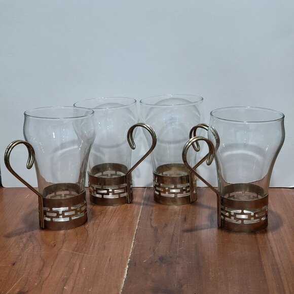 Glass Irish Coffee Cappuccino Glasses Cups Mugs Metal Base and Handles Set of 4 - Picture 1 of 11